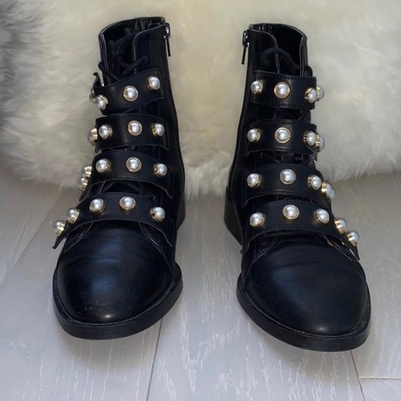 📌 Zara Black Combat Pearl Strap Ankle Booties - Picture 3 of 3